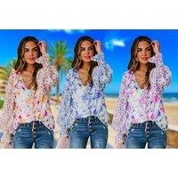 Women'S Floral Long-Sleeve Blouse - Pink, Red, Blue