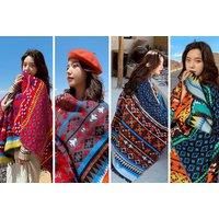 Women'S Boho Poncho Scarf - Red, Grey, Green Or Coffee