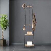 Wooden Freestanding Coat Rack with 3 Storage Shelves and 6 Hooks