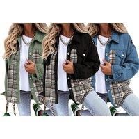 Womens Plaid Denim Long Sleeve Jacket In Many Options - Blue