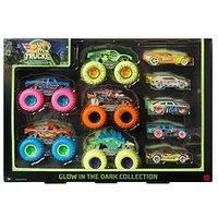 Hot Wheels Monster Trucks Glow in the Dark Bundle - Includes 5 Monster Trucks and 5 1:64 Scale Cars - Collectible - Gift for Kids 4+ - HCB57