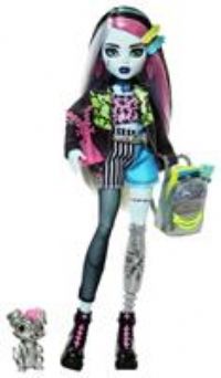 Monster High Frankie Stein Doll in Denim Jacket and Shorts, Includes Pet Dog Watzie and Accessories like a Backpack, Snack and Notebook, HXH73