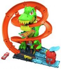 Hot Wheels Toy Car Track Set, City T-Rex Blaze Battle Playset & 1:64 Scale Die-Cast Firetruck, 18” Tall, Multiple Race Outcomes, Spinning Dinosaur Eyes, JBM73