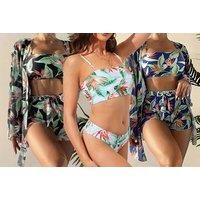 4-Piece Jungle Print Swimsuit & Cover Up Set - White, Black & Blue