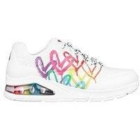 Skechers Women/'s Uno 2 Floating Love Sneaker, Wht Duraleather Multi Color Heart Print Trim, 5 UK