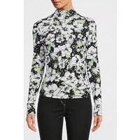 M05Ch1N0 Jeans Floral Print Roll Neck Long Sleeve Jersey Top - Black