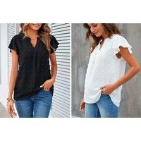 Women'S Loose Fit Ruffle Short Sleeve V-Neck T-Shirt - 4 Colours - Pink