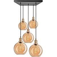 Brooklyn Tinted Glass Globe 5 Wire Square Cluster Lights, 9 inch, Amber, Brass holder