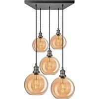 Brooklyn Tinted Glass Globe 5 Wire Square Cluster Lights, 9 inch, Amber, Pewter holder