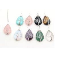 Natural Crystal Water Drop & Tree Pendant - 8 Colours - Silver