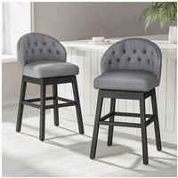 Set of 2 Linen Studded Low Back Swivel Bar Stools