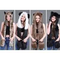 Faux Fur Hat Scarf W/ Pocket - 6 Designs! - Brown