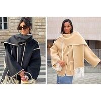 Oversized Trim Jacket With Matching Removable Scarf - Black