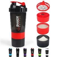 VIGIND Protein Shaker Bottle,Sports Water Bottle,Leak Proof Shake Bottle For Protein Mixer- Non Slip 3 Layer Twist Off 3oz Cups with Pill Tray - Protein Powder 16 oz Shake Cup with Storage (Red)