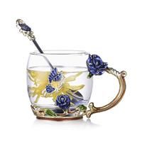 evecase Enamels Butterfly Flower Clear Lead-Free Glass Coffee Mugs Tea Cup with Steel Spoon Set, Personalised Gifts for Women Wife Mum Girl Teacher Friends Birthday Mothers Valentines Day (Blue)