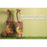 Metal Garden Duck Shovel Statues - Red Or Pink Flower Style!