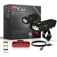 DYZI USB Rechargeable Bike Lights Set -Waterproof Front Headlight - Water Resistant Tail Light Easy to Fit & Mount-Built in Powerbank for charging devices