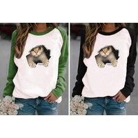 Casual Cat Print Fleece Sweatshirt - 5 Colours! - Green