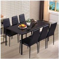 7-Piece Dining Table Set of Modern Faux Leather Dining Chairs and Tempered Glass Table