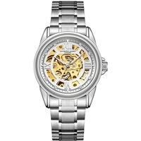 Mens Automatic Watch Silver White Skeleton Watch Steel Bracelet Anthony James