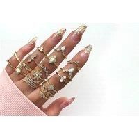 17 Piece Bohemian Stackable Ring Set - Gold - Silver