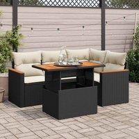 5 Piece Garden Sofa Set with Cushions Black Poly Rattan Acacia