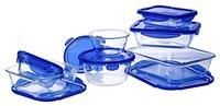 Pyrex Glass Dish Microwavable with Blue Lid Set of 7 Pieces - Clear