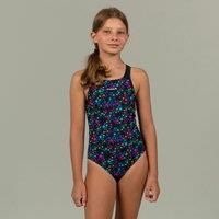 Girl's KAMYLEON 500 Swimsuit Star Black Yellow Wide Straps Decathlon