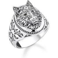 Thomas Sabo Rebel Wolf Signet Ring: Statement Of Strength And Courage. Detailed 3D Wolf Face, Hand-Set Stones In Silver Fur, Lateral Fur Pattern