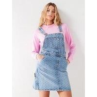 Hugo Blue Garli All Over Logo Denim Pinafore Dress - Blue