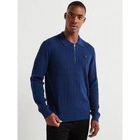 Hugo Sastoro Regular Fit 1/4 Zip Stacked Logo Knitted Polo - Dark Blue