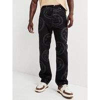 Hugo Blue Nate Baggy Fit Smiley Print Jeans-Black