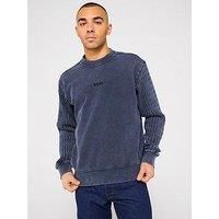 Boss We Cable Sleeve Relaxed Fit Crew Neck Sweatshirt - Dark Blue