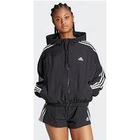 adidas Women/'s Essentials 3-Stripes Woven Windbreaker Jacket,Black/White