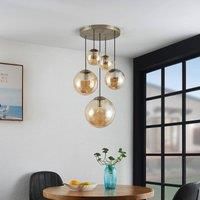 Lindby Teeja hanging light, 5 glass globes, amber