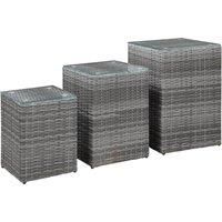 Side Tables 3 pcs with Glass Top Grey Poly Rattan