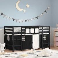 Kids' Loft Bed with Curtains White&Black 90x190cm Solid Wood Pine