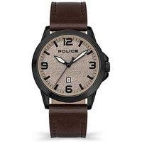 Police Cliff Mens Watch with Beige Sandblast Dial and Dark Brown Leather Strap, 47mm Stainless Steel Case in Branded Watch Box PEWJB2194501-2 Year Warranty