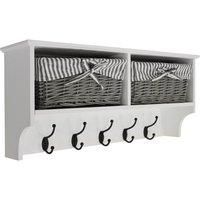 Hallway Wall Storage Shelf with 2 Baskets and 5 Coat Hooks - White / Grey BA0917