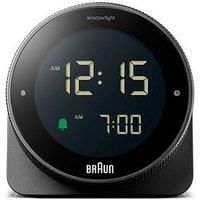 Braun Digital Alarm Clock with Snooze, Negative LCD Display, Rotating bezel for quick time setting, Crescendo Beep Alarm in Black, model BC24B.