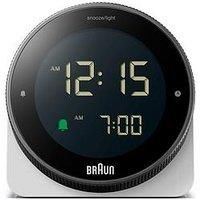 Braun Digital Alarm Clock with Snooze, Negative LCD Display, Rotating bezel for quick time setting, Crescendo Beep Alarm in White, model BC24W.