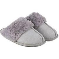 Isotoner Ladies Real Suede Mule with Fur Cuff Grey