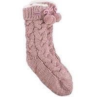 Totes toasties® Ladies Luxury Chunky Knit Slipper-Sox With Pom