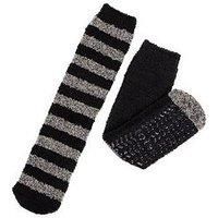 Mens 2 Pair Totes Twin Super Soft Stripe and Plain Slipper Socks Black 8-12 Mens