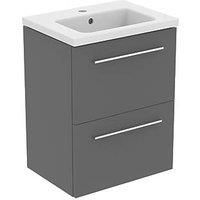 Ideal Standard I.life S 50Cm Matt Quartz Grey 2 Drawer Vanity Unit, 51Cm Vanity Basin And Chrome Handle Pack