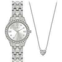 Spirit Ladies Polished Silver Bracelet Watch & Heart-Shaped Stone Chain Necklace Set