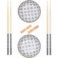 Interiors By Ph 6Pc White Ceramic And Wood Sushi Set