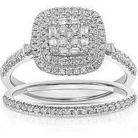 Ernest Jones 0.50Ct Diamond Bridal Ring Set. 18Ct White Gold 0.50Ct Diamond Cushion Shaped Cluster Bridal Set