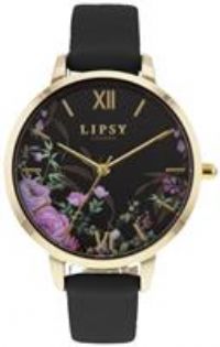 Lipsy Floral Dial Black Leather Strap Watch