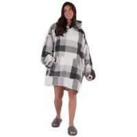 Dreamscene Check Hoodie Blanket Giant Wearable Sherpa Oversized Sweatshirt, Grey